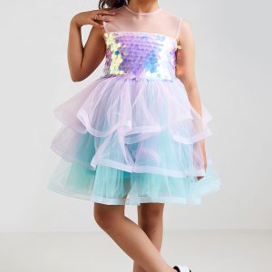 مدل پیراهن و لباس دخترانه مجلسی بچه گانه طرح زنبق با رنگ بندی چند رنگ ترکیبی